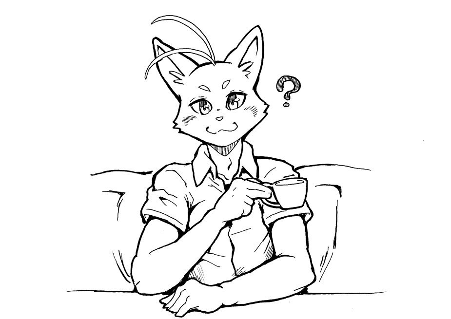 2018 ? anthro blush cat clothed clothing cup feline holding_object kori-nio looking_at_viewer male mammal morenatsu shin_(morenatsu) shirt simple_background sitting smile solo tea_cup