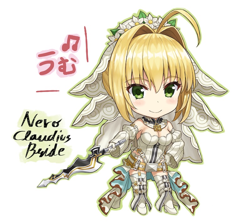 aestus_estus ahoge belt blonde_hair blush breasts bridal_veil character_name chibi cleavage closed_mouth detached_sleeves fate/extra fate/extra_ccc fate_(series) flower full_body garter_belt gloves green_eyes hand_on_hip holding holding_sword holding_weapon lock looking_at_viewer medium_breasts nero_claudius_(bride)_(fate) nero_claudius_(fate)_(all) npcpepper padlock padlocked_collar short_hair simple_background smile solo sword veil weapon white_background white_sleeves