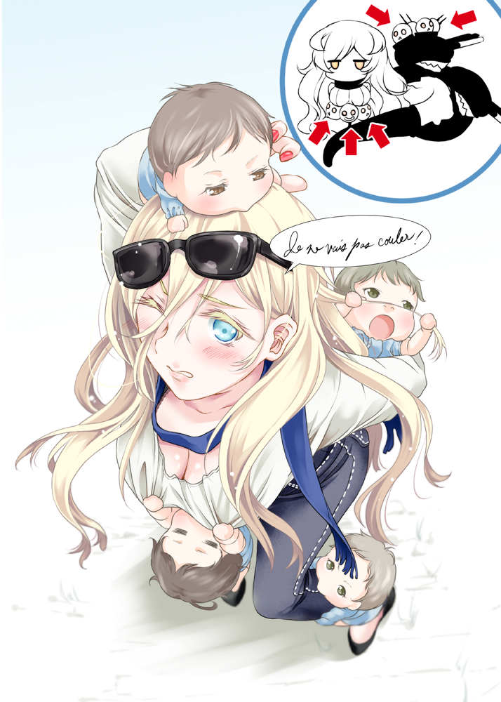 4boys baby black_footwear blonde_hair blue_eyes blue_scarf casual commentary_request denim directional_arrow french french_battleship_hime from_above hair_between_eyes jeans kantai_collection long_hair multiple_boys one_eye_closed pants richelieu_(kantai_collection) scarf shirt simple_background sunglasses translated tsukineko white_background white_shirt