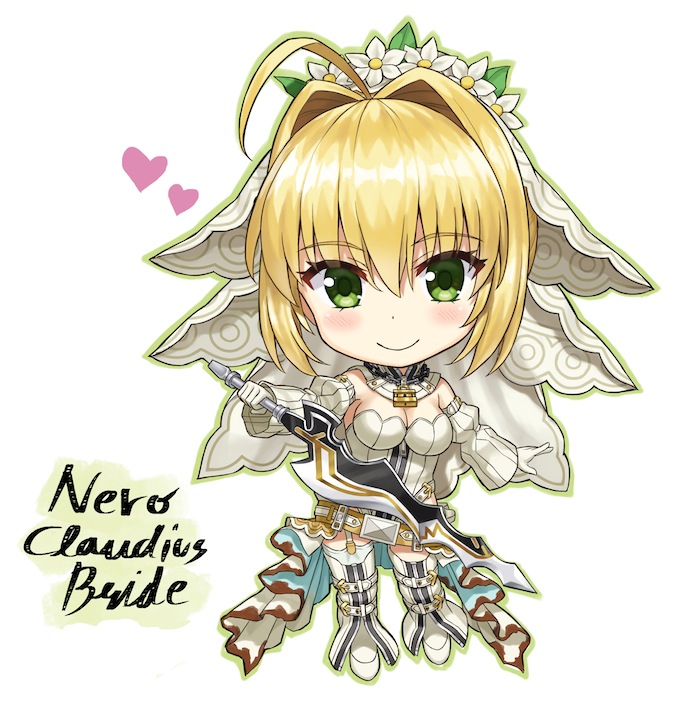 aestus_estus ahoge belt blush breasts bridal_veil character_name chibi cleavage closed_mouth detached_sleeves eyebrows_visible_through_hair fate/extra fate/extra_ccc fate_(series) full_body garter_belt gloves green_eyes heart holding holding_sword holding_weapon lock looking_at_viewer medium_breasts nero_claudius_(bride)_(fate) nero_claudius_(fate)_(all) npcpepper outstretched_arm padlock padlocked_collar simple_background smile solo standing sword thighhighs veil weapon white_background white_gloves white_legwear white_sleeves