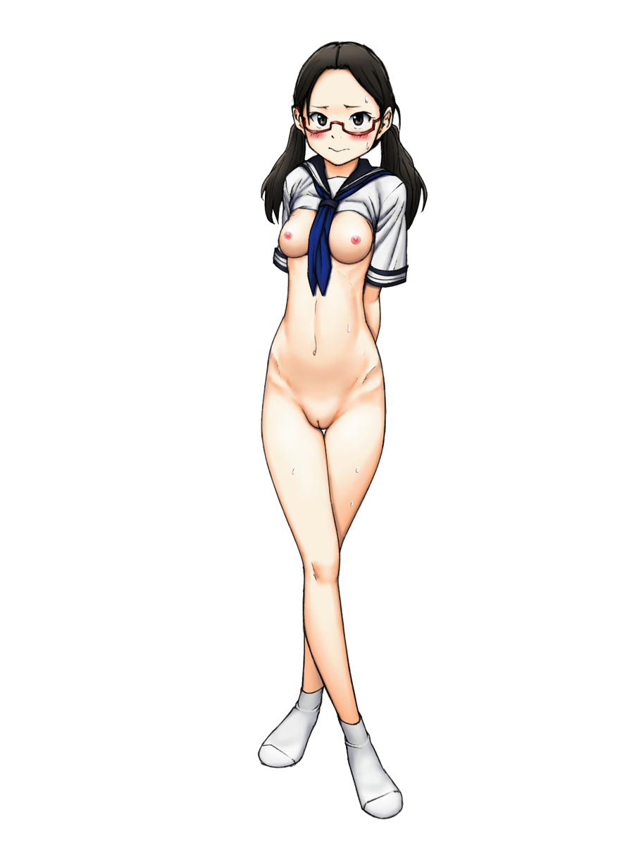 1girl arms_behind_back artist_request black_eyes black_hair blush bottomless breasts embarrassed female full_body glasses legs_crossed long_hair looking_at_viewer low_twintails navel neckerchief nipples open_clothes original pussy red-framed_glasses school_uniform semi-rimless_glasses serafuku shirt shirt_lift simple_background socks solo standing sweat twintails uncensored under-rim_glasses white_background