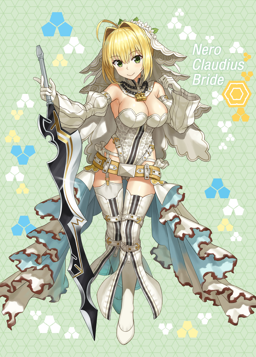 aestus_estus ahoge belt blonde_hair breasts bridal_veil character_name cleavage closed_mouth detached_sleeves fate/extra fate/extra_ccc fate_(series) flower full_body garter_belt gloves green_background green_eyes holding holding_sword holding_weapon lock looking_at_viewer medium_breasts nero_claudius_(bride)_(fate) nero_claudius_(fate)_(all) npcpepper padlock padlocked_collar short_hair smile solo standing sword thighhighs veil weapon white_gloves white_legwear white_sleeves