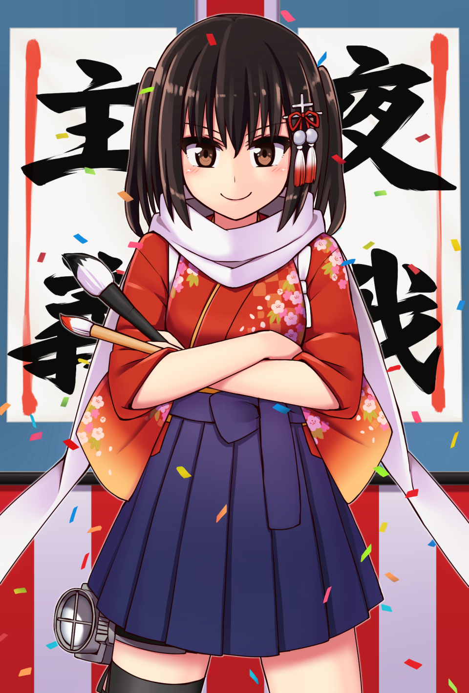 &gt;:) alternate_costume bangs banner black_legwear blue_hakama blush bob_(biyonbiyon)_(style) brown_eyes brown_hair calligraphy_brush cerasus closed_mouth commentary_request confetti cowboy_shot crossed_arms eyebrows_visible_through_hair floral_print hair_ribbon hakama highres holding japanese_clothes kantai_collection kimono legs_apart long_sleeves looking_at_viewer looking_back paintbrush red_kimono red_ribbon remodel_(kantai_collection) ribbon scarf sendai_(kantai_collection) short_hair single_thighhigh smile solo standing tassel thighhighs two_side_up v-shaped_eyebrows white_scarf wide_sleeves