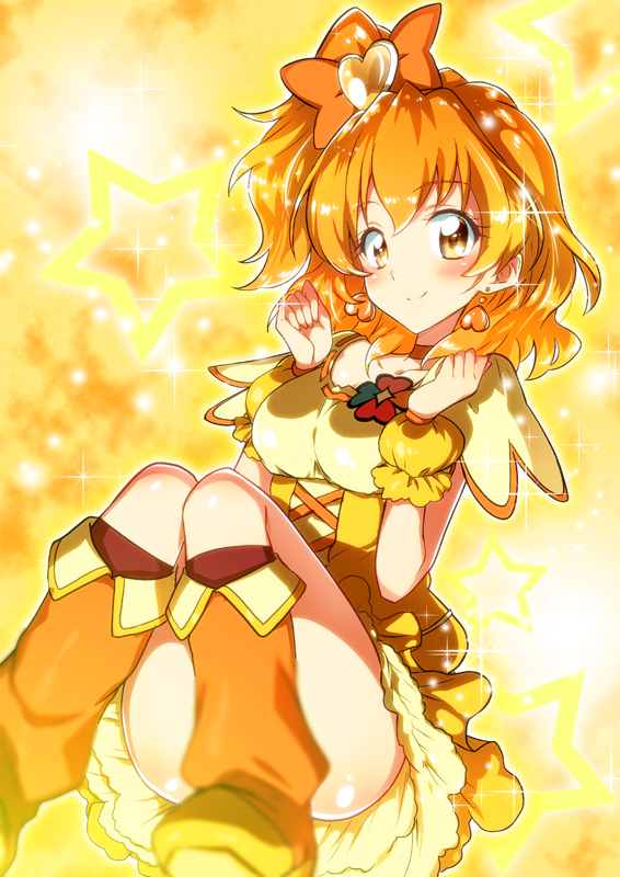 boots bow choker convenient_leg cure_pine earrings fresh_precure! hair_bow hair_ornament heart heart_earrings heart_hair_ornament jewelry knee_boots looking_at_viewer magical_girl orange_bow orange_footwear orange_hair orange_neckwear petticoat precure short_hair side_ponytail skirt smile solo wrist_cuffs yamabuki_inori yellow yellow_background yellow_eyes yellow_skirt yuto_(dialique)