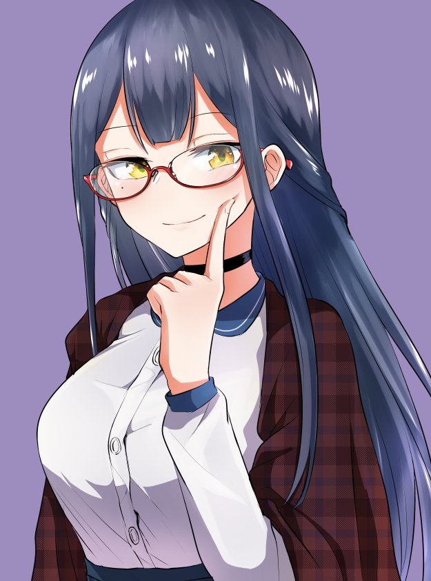 1girl alternate_hairstyle blush buttons choker closed_mouth finger_to_cheek glasses long_hair long_sleeves looking_at_viewer mole mole_under_eye nijisanji rikosyegou shizuka_rin smile solo virtual_youtuber yellow_eyes