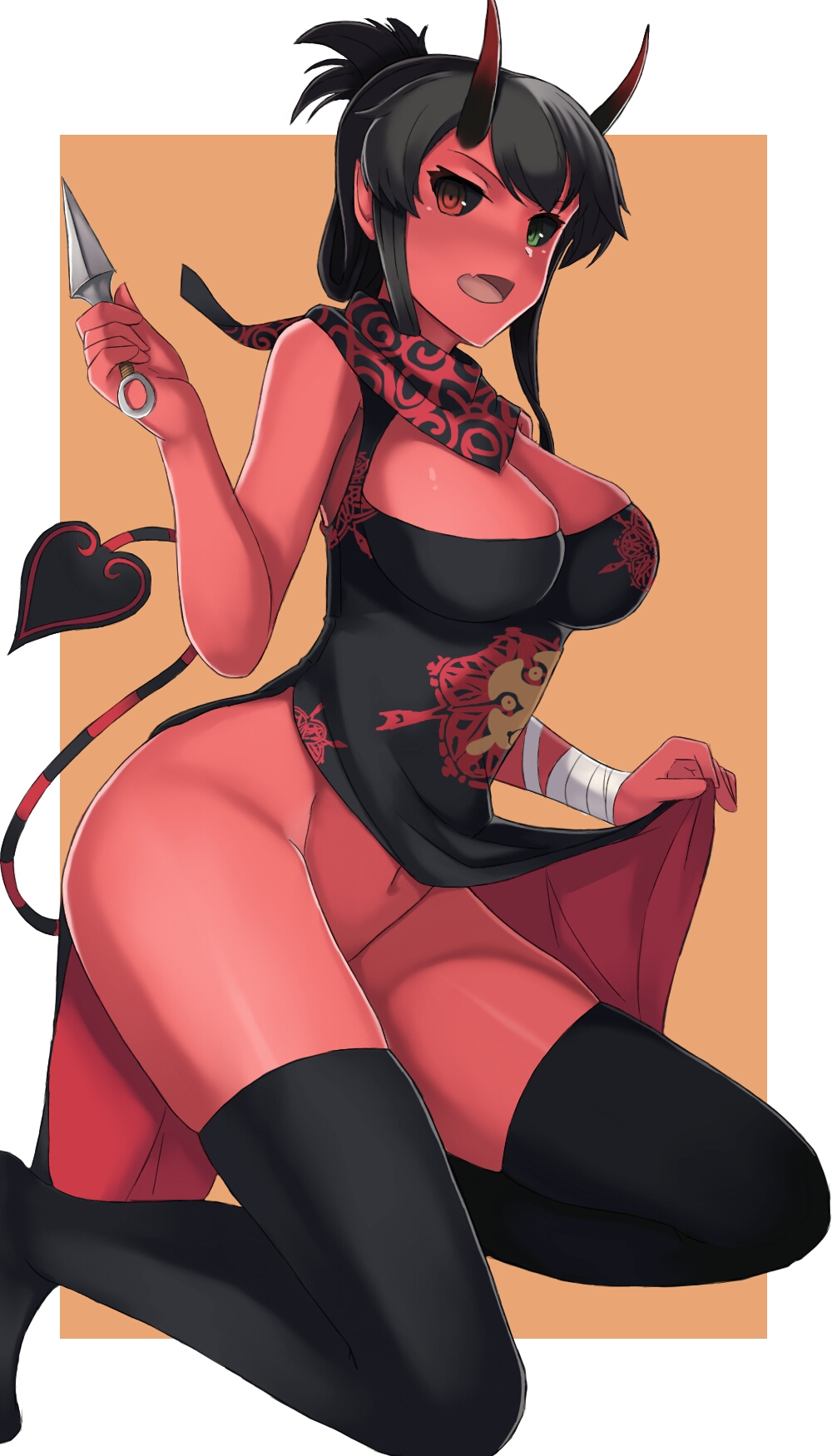 1girl :d bandage bandaged_arm bandages bangs bare_shoulders black_hair black_legwear black_sclera breasts china_dress chinese_clothes cleavage demon_girl demon_tail dress dress_lift fang folded_ponytail green_eyes highres horns kunai large_breasts lifted_by_self long_hair looking_at_viewer navel no_panties oni oni_horns open_mouth orange_background original red_eyes red_skin scard smile solo sonzai_soumei tail thighhighs weapon