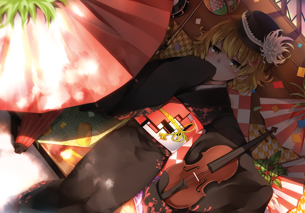 bangs black_hat black_kimono blonde_hair brown_eyes covered_mouth crescent crescent_hair_ornament day dutch_angle eyebrows_visible_through_hair fan folding_fan from_above hair_ornament hand_up hat instrument japanese_clothes kazetto kimono lunasa_prismriver lying obi on_back oriental_umbrella outdoors sash short_hair solo touhou umbrella veranda violin wide_sleeves