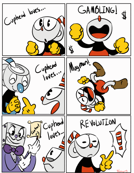 2017 animate_inanimate animated clothed clothing comic cup cuphead_(character) cuphead_(game) datsheepbeep digital_media_(artwork) fully_clothed group happy humanoid king_dice male meme mugman not_furry object_head standing toony