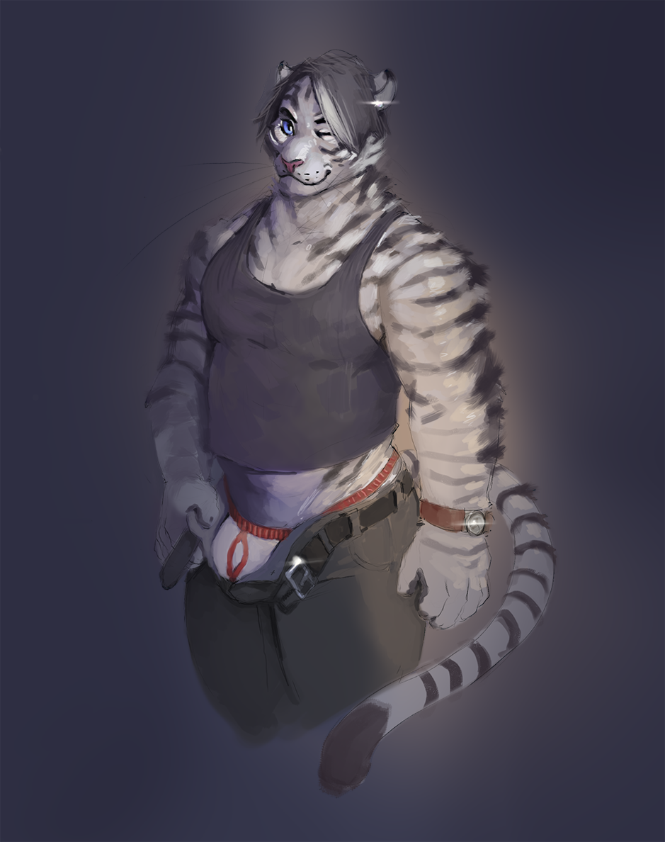 anthro belt bulge clothed clothing feline fur hair julicat looking_at_viewer male mammal musclegut pants shirt smile solo standing striped_fur stripes tank_top tiger underwear unzipped white_tiger