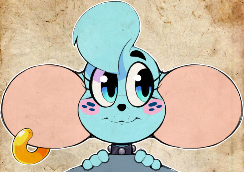 :3 big_ears big_eyes blue_fur blush collar cute ear_piercing female freckles fur mammal mouse muscle_mouse_(character) piercing portrait rodent solo vimhomeless