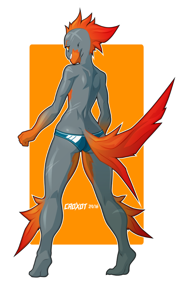 2016 5_fingers anthro athletic back_muscles barefoot biped black_pupils breasts butt claws clothed clothing croxot_(artist) eyebrows eyelashes female fin fish full-length_portrait gills grey_scales hairless head_fin humanoid_hands looking_at_viewer looking_back marine multicolored_scales naughty_face orange_background partially_clothed piranha piraya_piranha portrait pose rear_view red_eyes red_scales scales scar simple_background skimpy smile solo standing tail_fin teeth tiptoes topless two_tone_scales white_background wide_hips