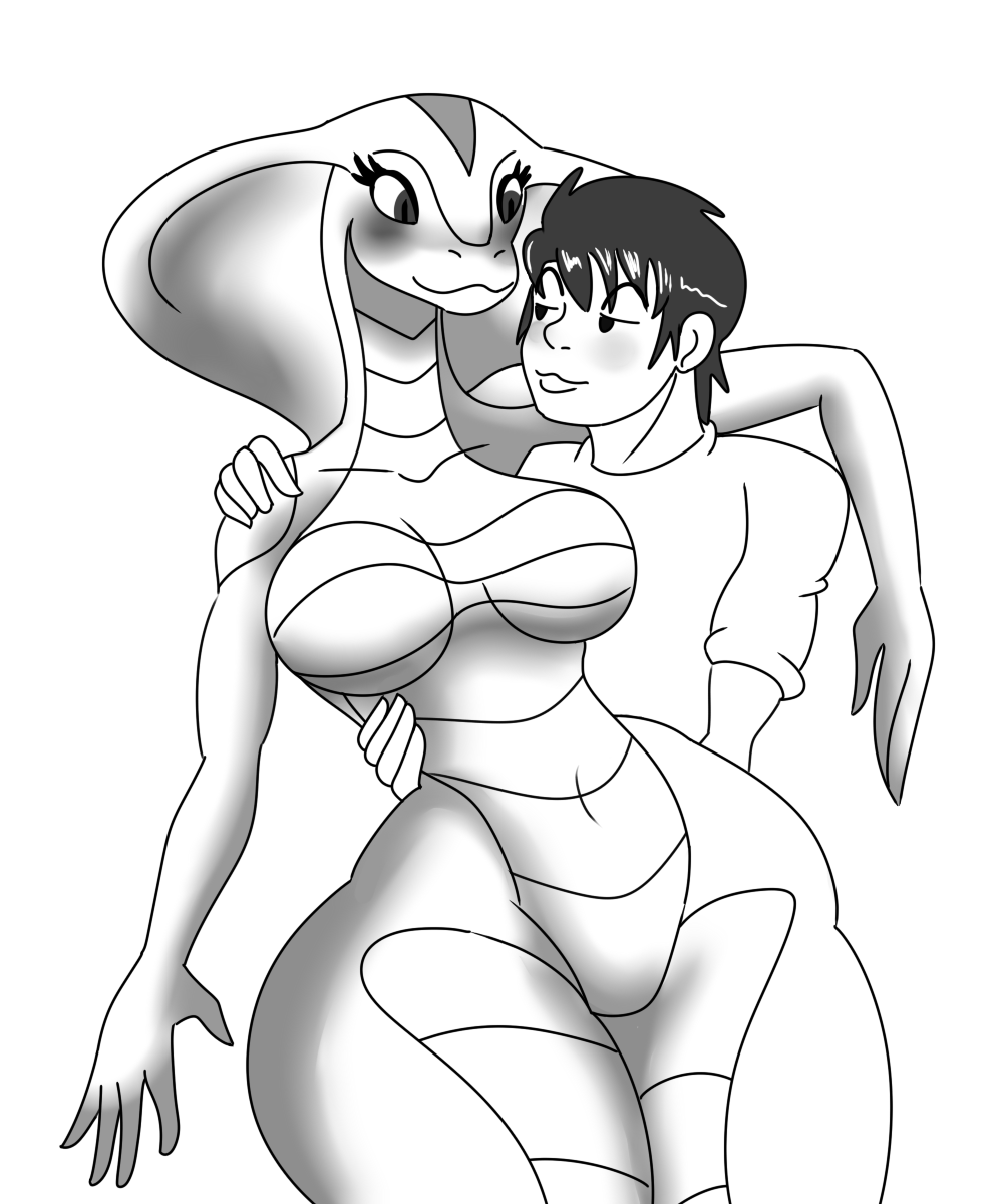 &lt;3 anthro blush breasts cobra duo eyelashes female human human_on_anthro interspecies male mammal quakebrothers reptile scalie simple_background snake snake_hood video_games viper_(x-com) white_background wide_hips x-com