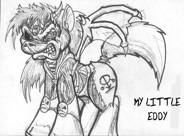 2011 angry chip_n'death crossover cutie_mark cybernetics eddie_(iron_maiden) equine feral horn horse iron_maiden_(band) machine mammal membranous_wings monochrome my_little_pony pony skinless solo wings