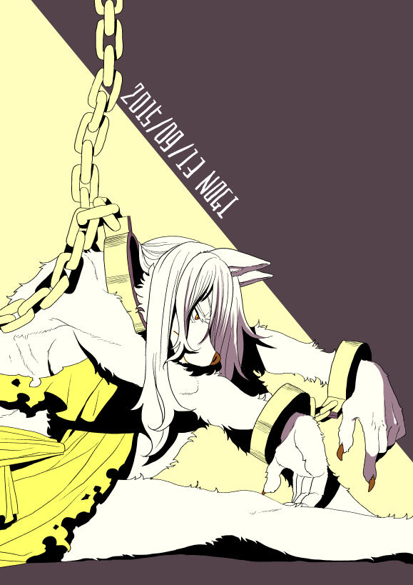 5_fingers annoyed anthro canine chain claws clothing female frown fur hair long_hair mammal nogi orange_eyes portrait ribcage shackles simple_background sitting solo three-quarter_portrait torn_clothing white_fur white_hair wolf
