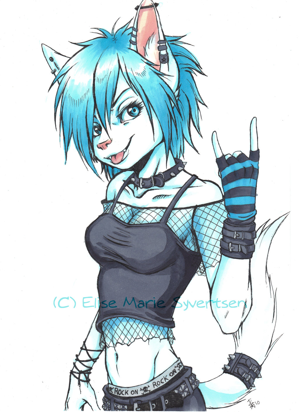 2010 anthro armband armwear belt blue_eyes blue_hair bracelet breasts cat cleavage clothed clothing collar collarbone crop_top digital_media_(artwork) ear_piercing eyelashes fangs feline female fingerless_gloves fishnet fur gloves hair hi_res inner_ear_fluff jewelry lillith_(oomizuao) looking_at_viewer mammal midriff navel oomizuao piercing pink_nose shirt simple_background skinny skull slim smile solo studded_belt tailband tank_top tongue tongue_out underwear watermark white_background white_fur