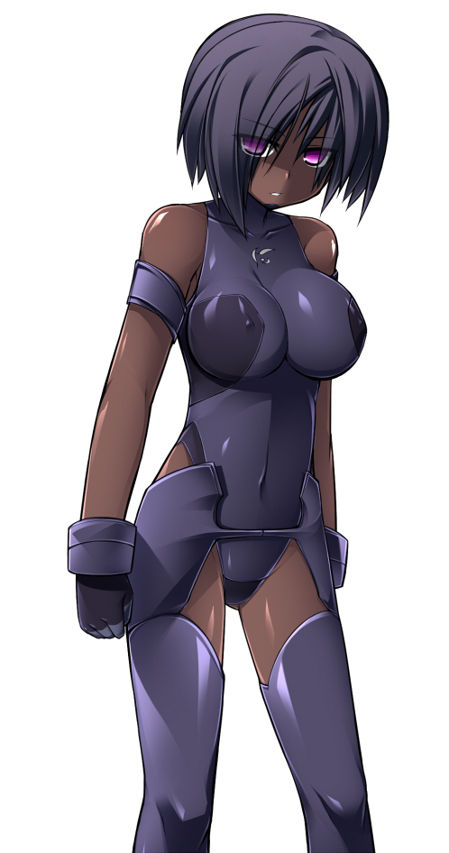 alternate_eye_color alternate_skin_color bare_shoulders black_hair covered_navel covered_nipples dark_skin eyes_visible_through_hair gloves hunched_over impossible_clothes katami_shinta leotard looking_at_viewer original parted_lips purple_eyes short_hair skin_tight solo thighhighs
