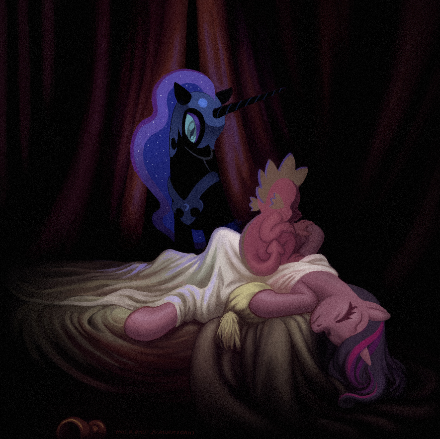 2014 bed bed_sheet bedding canopy_bed chaosrruruus dark dark_theme digital_media_(artwork) dragon dream equine eyes_closed female friendship_is_magic goblet group henry_fuseli horn inspired_by_proper_art lying male mammal my_little_pony nightmare nightmare_moon_(mlp) on_back sleeping spike_(mlp) the_nightmare twilight_sparkle_(mlp) unicorn winged_unicorn wings