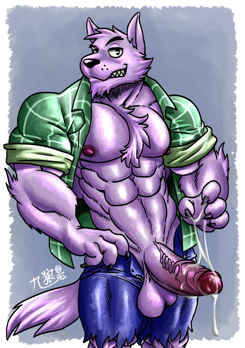 2017 abs anthro bernard_(ok_k.o.!_lbh) biceps big_muscles canine cartoon_network chest_tuft clothed clothing cum fur kyuuhari male mammal muscular ok_k.o.!_let's_be_heroes open_shirt pecs penis purple_fur shirt solo tuft were werewolf wolf
