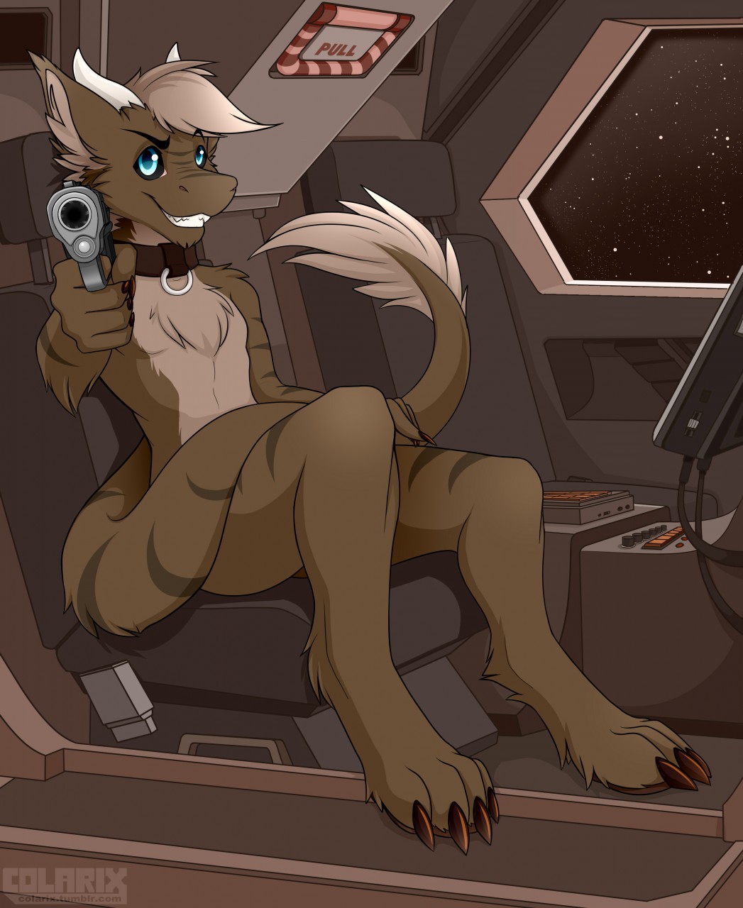 anthro colarix collar colt_1911 dragon fluffy gun looking_at_viewer nude ranged_weapon remus scalie solo spacecraft vehicle weapon