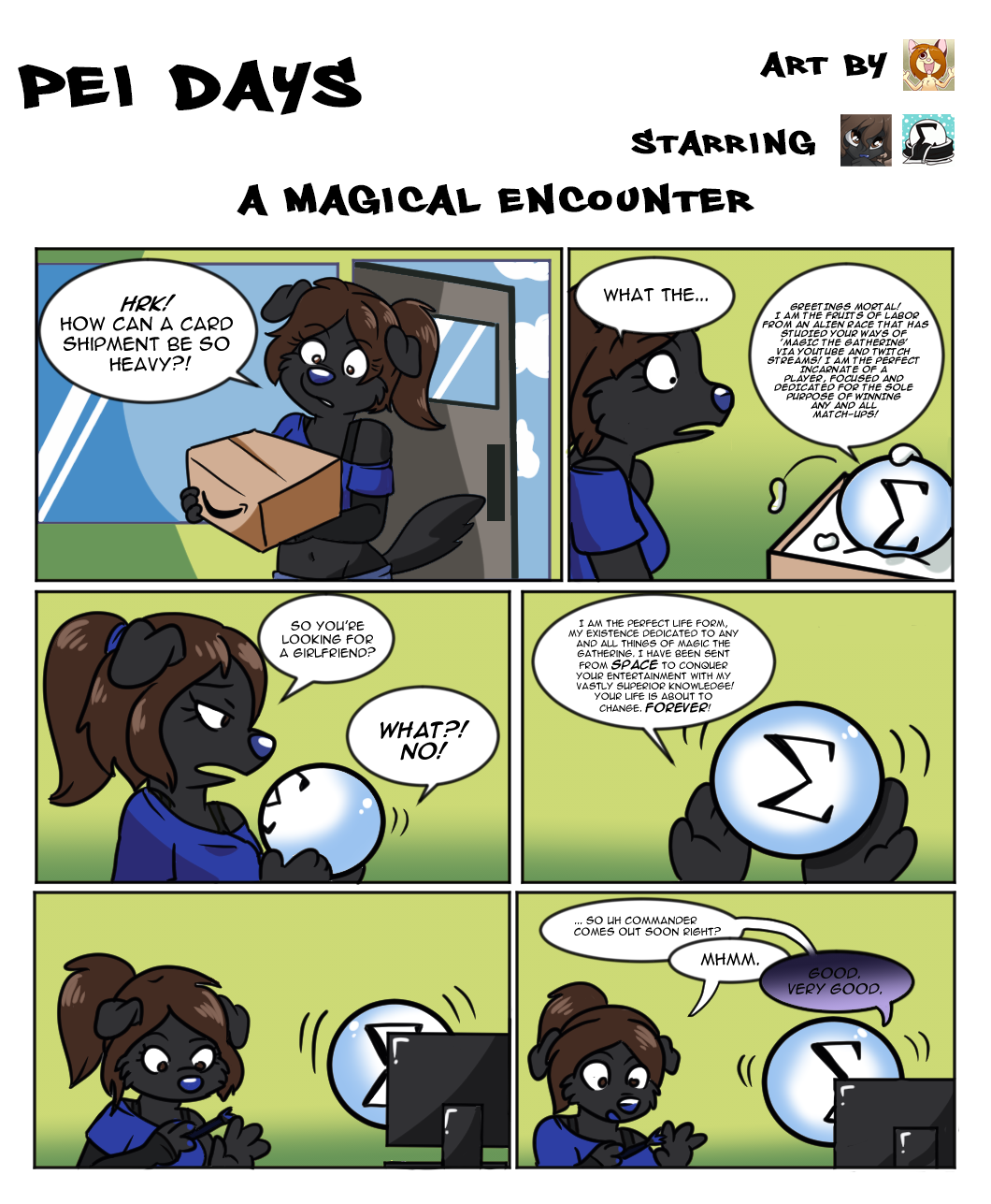 anthro breasts canine clothed clothing comic dialogue digital_media_(artwork) dog english_text female hi_res magic_the_gathering makeup mammal open_mouth sherri_mayim technicolor_pie text