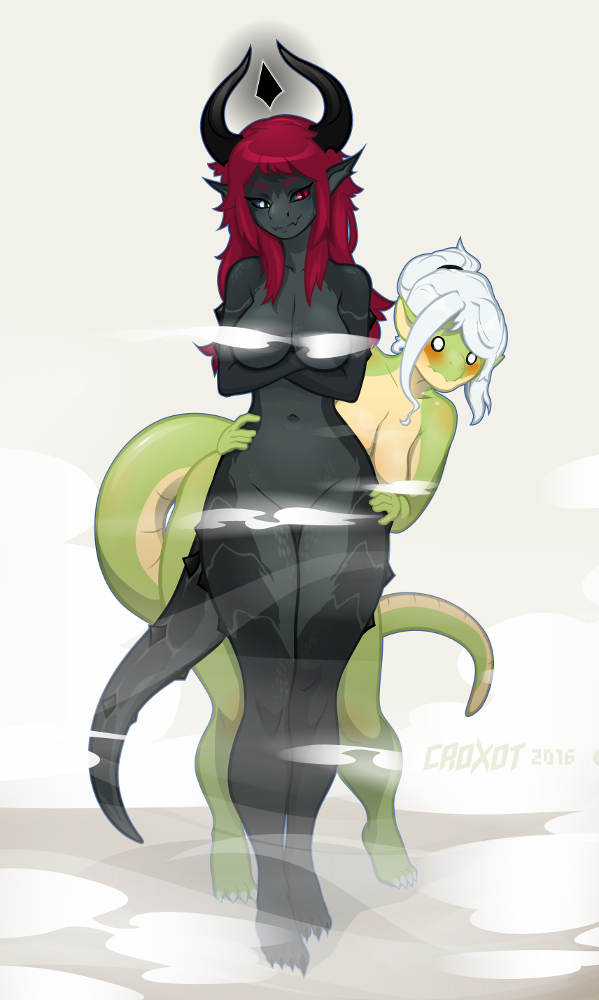 2016 4_toes alternate_version_available anthro barefoot big_breasts black_claws black_scales black_sclera black_tail blush breasts claws confident convenient_censorship crossed_arms croxot_(artist) cute dragon duo embarrassed female front_view full-length_portrait green_scales green_tail hair hands_on_hips heterochromia hiding hip_grab horn legs_together long_hair long_tail looking_at_viewer multicolored_scales navel non-mammal_breasts nude plantigrade pointy_ears portrait red_eyes red_hair reptile scales scalie seductive smile smug spines standing steam tan_scales thick_thighs thigh_gap tiptoes toe_claws toes two_tone_scales voluptuous white_claws white_eyes white_hair wide_hips