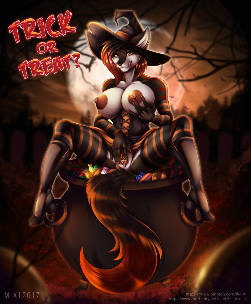 anthro big_breasts breasts canine clothed clothing female halloween holidays huge_breasts llmixll mammal nipples pussy pussy_juice solo spreading tena_teardrop text topless