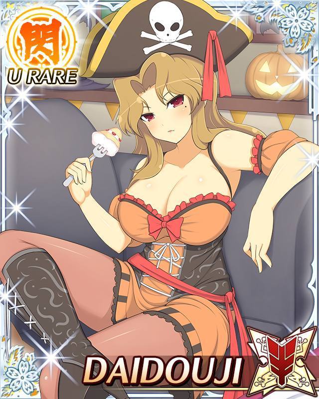 1girl birthmark breasts cake daidouji_(senran_kagura) food fork pirate pirate_hat red_eye senran_kagura solo