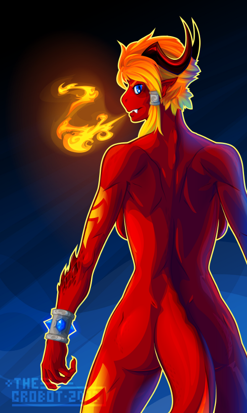 anthro aquatic_dragon arklai_(croxot) athletic back_boob back_muscles blue_background blue_eyes bracelet braided_hair breasts butt casual_nudity claws croxot_(artist) dragon fangs female fire fire_breathing hair horn jewelry looking_at_viewer looking_back nude orange_hair pointy_ears rear_view red_scales red_tail reptile scales scalie simple_background snaggletooth solo spines tattoo