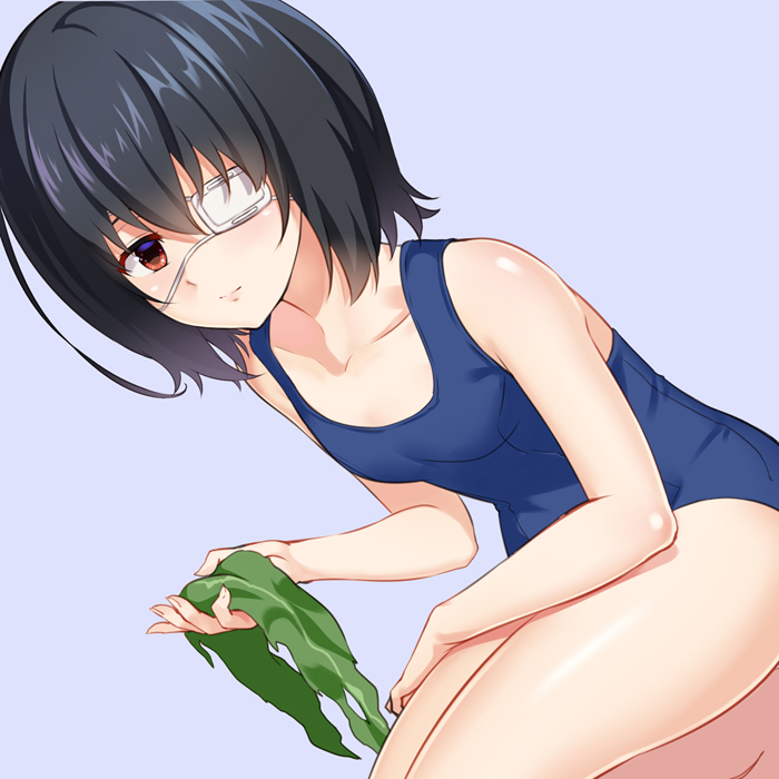 another black_hair blue_background blue_swimsuit brown_eyes eyepatch huyumitsu looking_at_viewer misaki_mei one-piece_swimsuit school_swimsuit seaweed short_hair sitting solo swimsuit