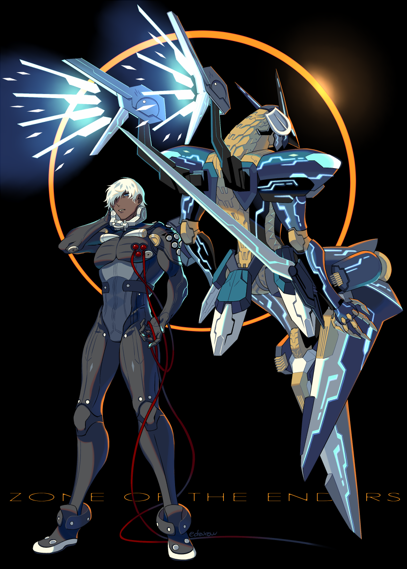 black_background blue_eyes dingo_egret hair_over_one_eye jehuty looking_at_viewer mecha pilot_suit signature simple_background spandex white_hair zone_of_the_enders zone_of_the_enders_2
