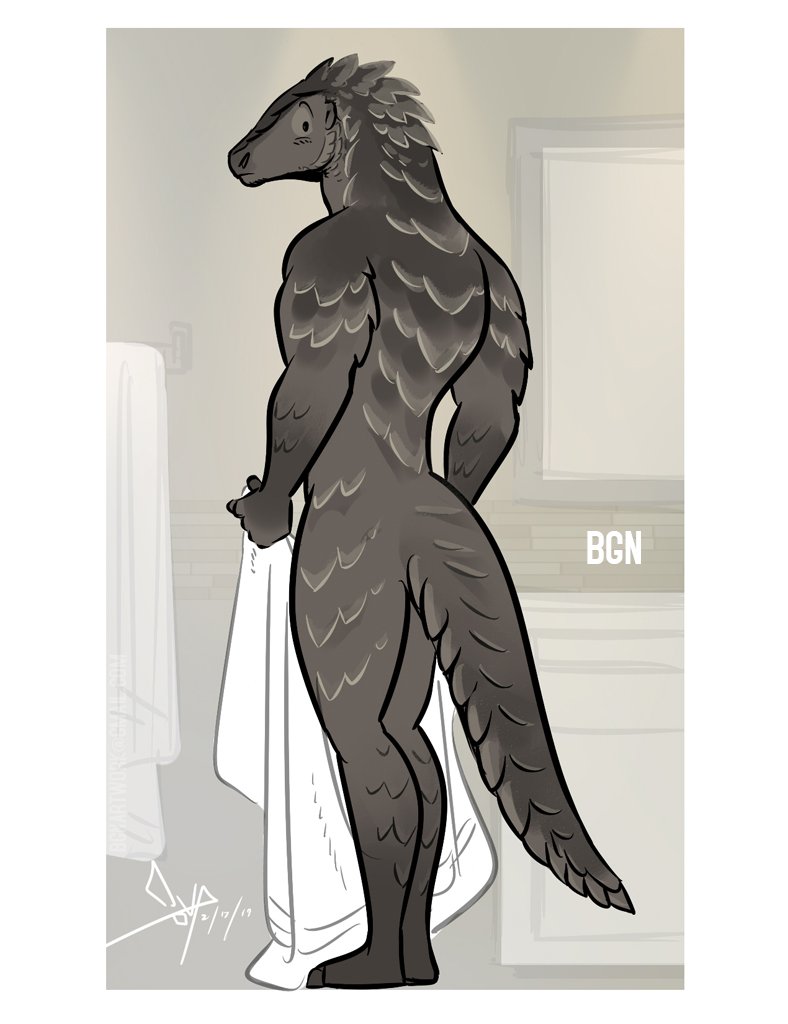 bgn black_eyes blush butt grey_skin looking_back male mammal nude pangolin towel