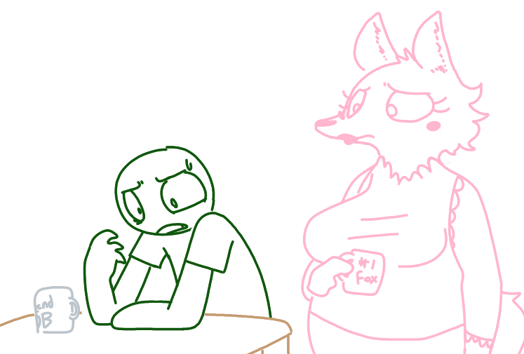 anthro big_breasts breasts canine cup duo english_text female five_nights_at_freddy's five_nights_at_freddy's_2 fox human makeup male mammal mangle_(fnaf) mango_(roommates) mike_schmidt overweight overweight_female roommates:motha simple_background text the_weaver video_games worried
