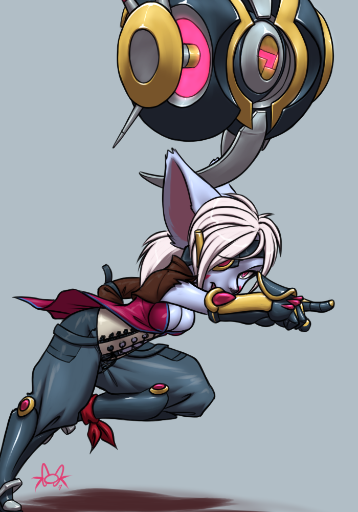 2017 action_pose breasts cleavage clothed clothing corset female furball hair league_of_legends lingerie looking_at_viewer on_one_leg pants pointing ponytail riot_games running shirt simple_background solo standing video_games white_hair wyla_(furball) yordle