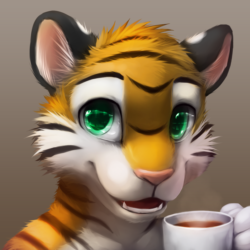 2012 anthro beverage big_eyes black_fur black_stripes coffee cup cute digital_media_(artwork) feline front_view fur green_eyes grey_background headshot_portrait holding_cup holding_object looking_at_viewer male mammal multicolored_fur open_mouth pink_nose portrait simple_background smile smilee solo striped_fur stripes teeth thanshuhai tiger white_fur yellow_fur