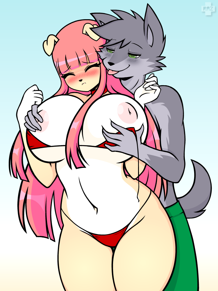 big_breasts bikini blush breast_grab breasts canine clothing dog duo eyes_closed female fur grey_fur hair hand_on_breast inverted_nipples lucille_lilac male mammal nipples pink_hair razplus rutmutt standing swimsuit tongue tongue_out wolf