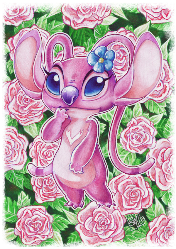 2013 3_toes alien angel_(lilo_and_stitch) antennae blue_eyes border chest_markings claws clefchan disney experiment_(species) eyelashes flower fur lilo_and_stitch looking_at_viewer markings no_sclera pink_fur plant purple_claws purple_nose rose smile solo standing toe_claws toes traditional_media_(artwork) white_border