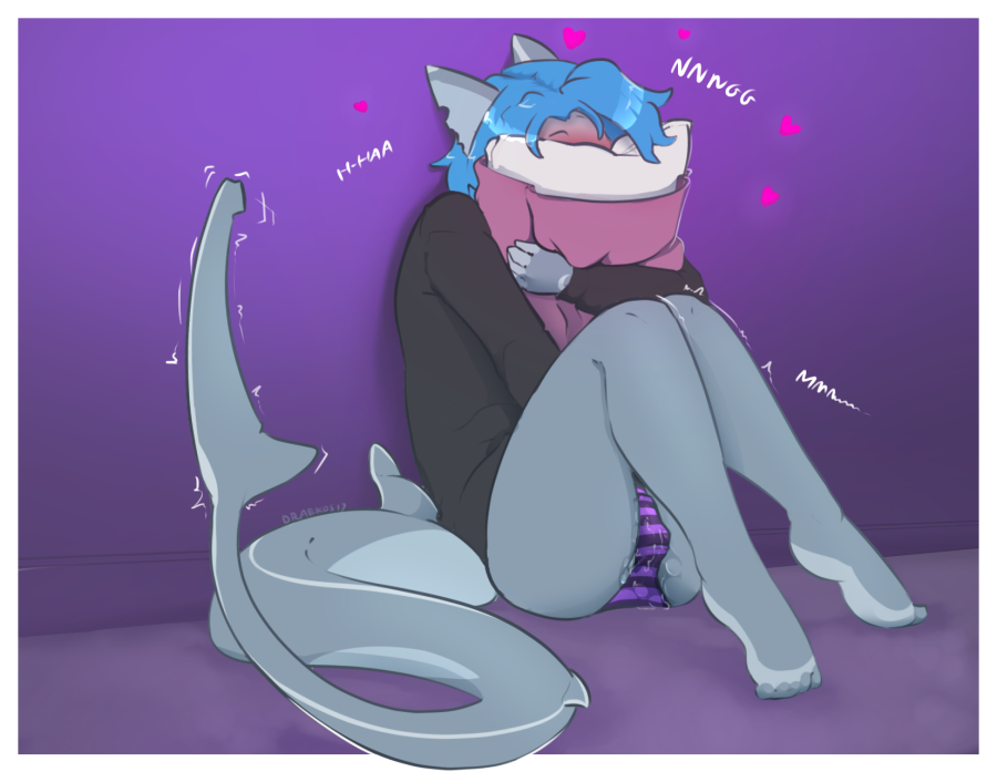 &lt;3 alesia anthro blush clothed clothing digital_media_(artwork) draekos female fin fish grey_body hair marine masturbation panties partially_clothed pillow purple_background pussy_juice shaking shark shirt signature simple_background solo text toe_curl trembling two_tone_body underwear wet