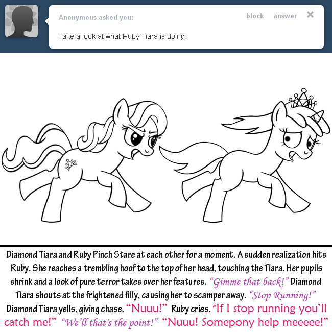 angry bitterplaguerat black_and_white crown dialogue diamond_tiara_(mlp) earth_pony english_text equine friendship_is_magic horn horse mammal monochrome my_little_pony pony ruby_pinch_(mlp) running scared text tiara unicorn