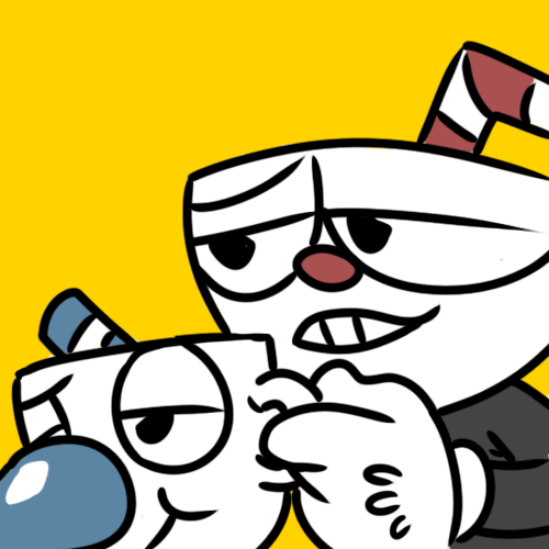 2017 animate_inanimate cup cuphead_(character) cuphead_(game) digital_media_(artwork) duo grin half-closed_eyes humanoid humor icon low_res mugman not_furry object_head reaction_image simple_background smile smirk smug straw teeth unknown_artist yellow_background