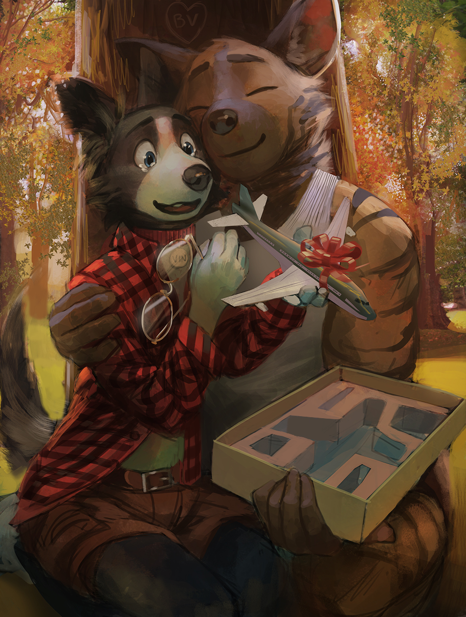 2017 aircraft airplane anthro black_fur blue_eyes border_collie box brown_fur canine clothed clothing collar collie detailed_background dog duo eyes_closed eyewear fur glasses grass hi_res hyena kneeling male mammal pants ribbons shirt smile stripes stripy_yeen tacklebox tank_top tears toy tree vincollie white_fur
