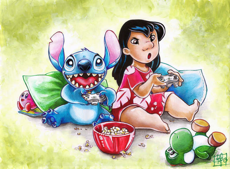 2013 4_toes alien black_hair blue_claws blue_eyes blue_fur blue_nose bowl brown_eyes claws clefchan clothed clothing collar comic_book disney duo experiment_(species) female food fur gaming hair head_tuft holding_controller holding_object human kirby kirby_(series) lilo_and_stitch lilo_pelekai looking_at_viewer mammal messy muumuu nintendo notched_ear nude open_mouth open_smile pillow playing_videogame plushie popcorn simple_background sitting smile stitch textured_background toe_claws toes video_games xbox_360_controller yoshi_(character)