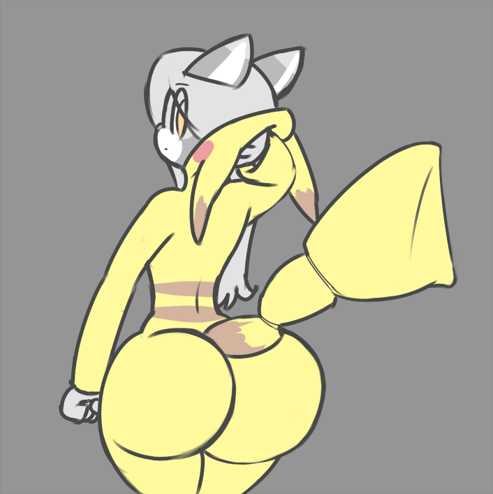 2017 big_butt bubble_butt butt clothing costume fur grey_fur hair halloween holidays hoodie huge_butt long_hair looking_back male mammal nintendo norithics norithics_"nori"_kusemurai pikachu pok&eacute;mon pok&eacute;mon_(species) procyonid raccoon rodent simple_background solo thick_thighs video_games wide_hips