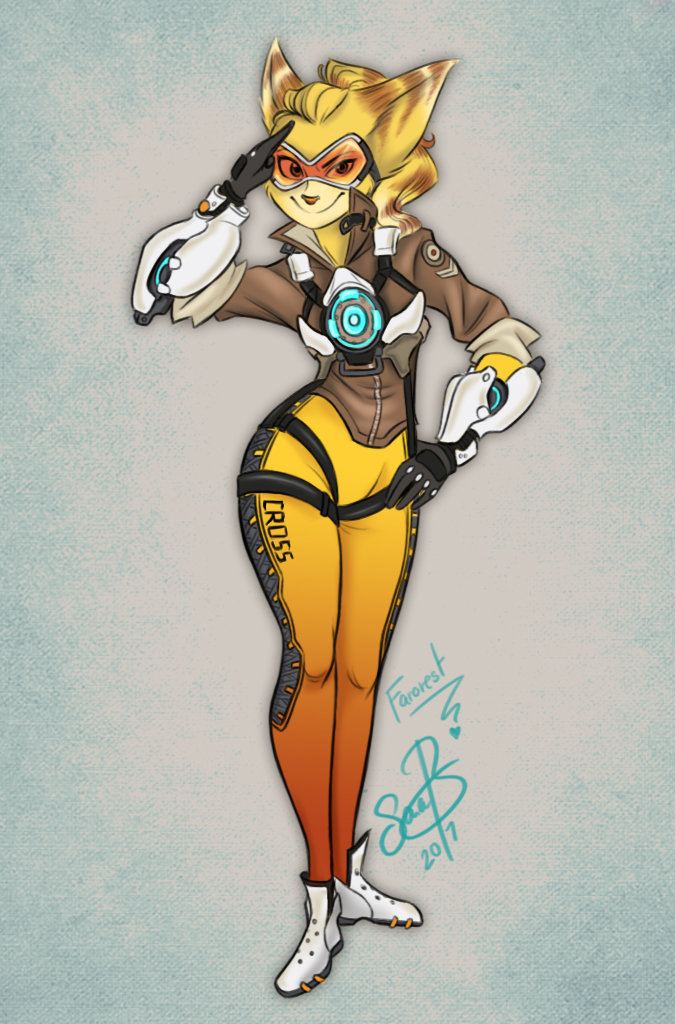 angela_cross anthro farorest feline female fur lombax mammal overwatch ratchet_and_clank solo stripes tracer_(overwatch) video_games