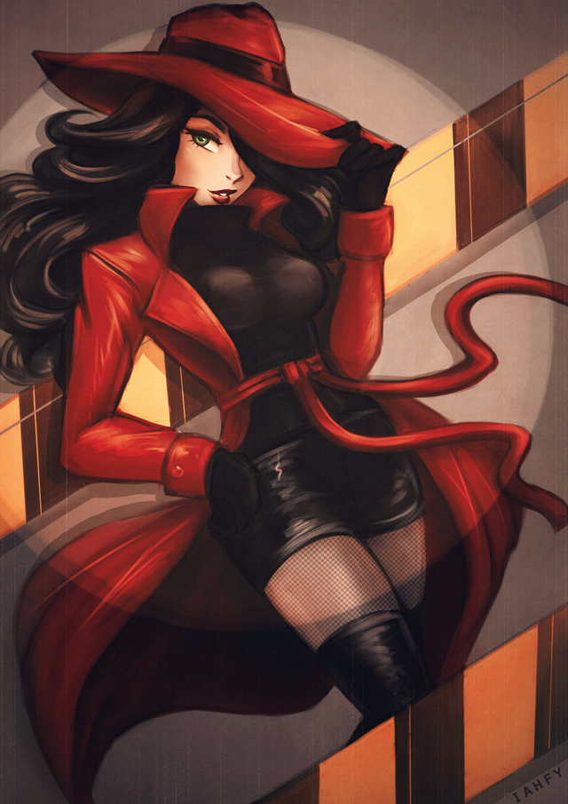 asami_sato avatar_(series) belt black_gloves black_hair boots breasts carmen_sandiego carmen_sandiego_(series) coat commentary cosplay crossover english_commentary eyeliner fedora fishnet_pantyhose fishnets gloves green_eyes hat hat_over_one_eye hat_tug iahfy lipstick long_coat long_hair makeup medium_breasts pantyhose pencil_skirt red_belt red_coat skirt solo the_legend_of_korra thigh_boots thighhighs turtleneck wavy_hair