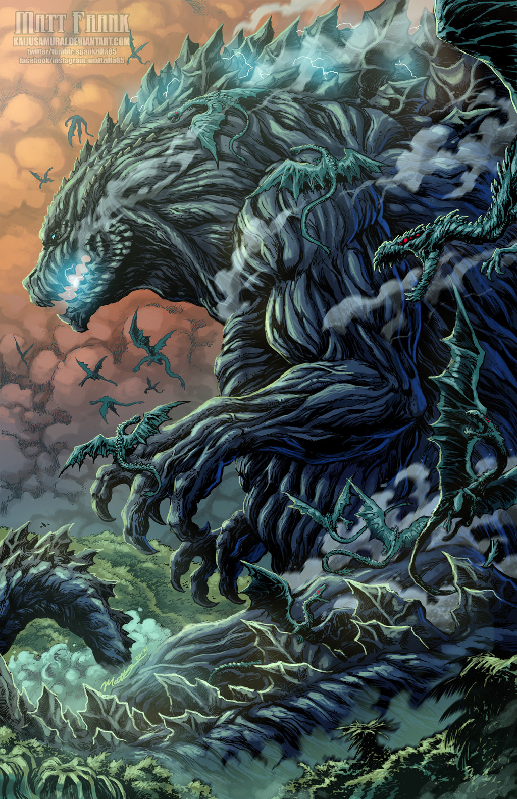 blue_eyes dinosaur electricity energy forest giant_monster glowing godzilla godzilla:_monster_planet godzilla_(series) kaiju_samurai kaijuu lightning monster multiple_eyes mutant official_art polygon_pictures red_eyes smoke spikes tail toho_(film_company) tree wings