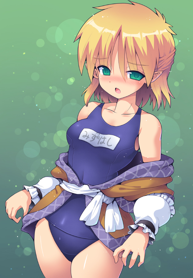 arm_warmers blonde_hair blush breasts cowboy_shot green_background green_eyes kurogarasu looking_at_viewer mizuhashi_parsee name_tag old_school_swimsuit one-piece_swimsuit open_mouth pointy_ears school_swimsuit short_hair small_breasts solo standing swimsuit swimsuit_under_clothes touhou