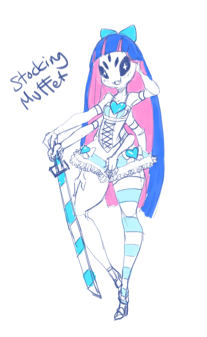 1girl cosplay detached_sleeves dress extra_arms extra_eyes fangs high_heels insect_girl legs long_hair muffet multicolored_hair panty_&amp;_stocking_with_garterbelt ribbon spider_girl stocking_(psg) stocking_(psg)_(cosplay) striped striped_legwear striped_socks thighhighs undertale weapon