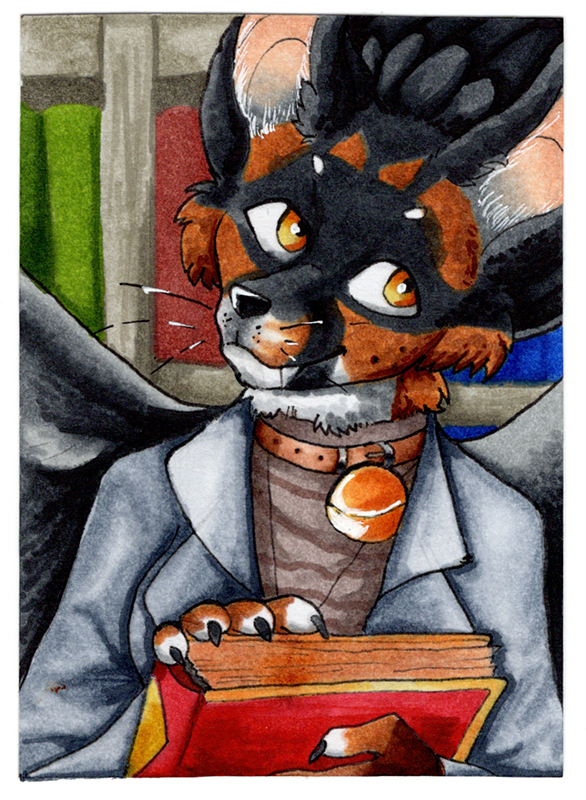 2017 aceo anthro atc bernadette black_fur book brown_fur card clothed clothing collar female fur green_eyes invalid_color invalid_tag library markers multicolored_fur smile solo traditional_media_(artwork) white_fur wings wunderknodel
