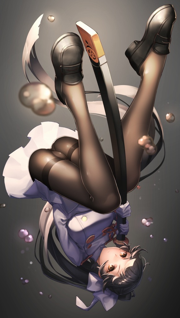 aiguillette air_bubble ass azur_lane bangs between_legs black_footwear black_hair black_legwear blunt_bangs breasts brown_eyes bubble closed_mouth commentary_request double-breasted full_body holding holding_sword holding_weapon katana loafers long_hair looking_at_viewer medium_breasts military military_uniform pantyhose plantar_flexion pleated_skirt ponytail sheath sheathed shoes skirt solo sword takao_(azur_lane) tef thighband_pantyhose thighs underwater uniform upside-down very_long_hair weapon white_skirt