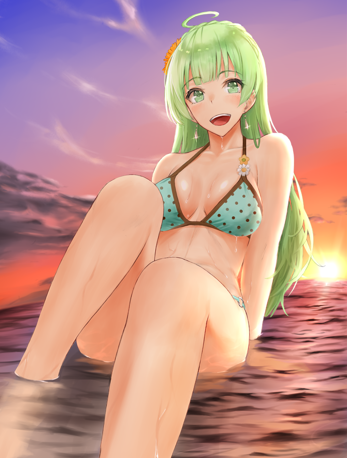 :d ahoge arm_support bangs bikini blush breasts evening flower foreshortening green_bikini green_eyes green_hair hair_flower hair_ornament idolmaster idolmaster_million_live! idolmaster_million_live!_theater_days kitagawa_onitarou long_hair looking_at_viewer medium_breasts open_mouth outdoors partially_submerged shimabara_elena sitting smile solo sunset swimsuit wet